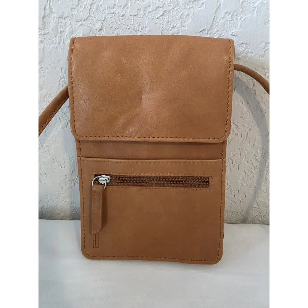 iLi New York Genuine Leather RFID Phone Wallet Crossbody Purse Tan Brown